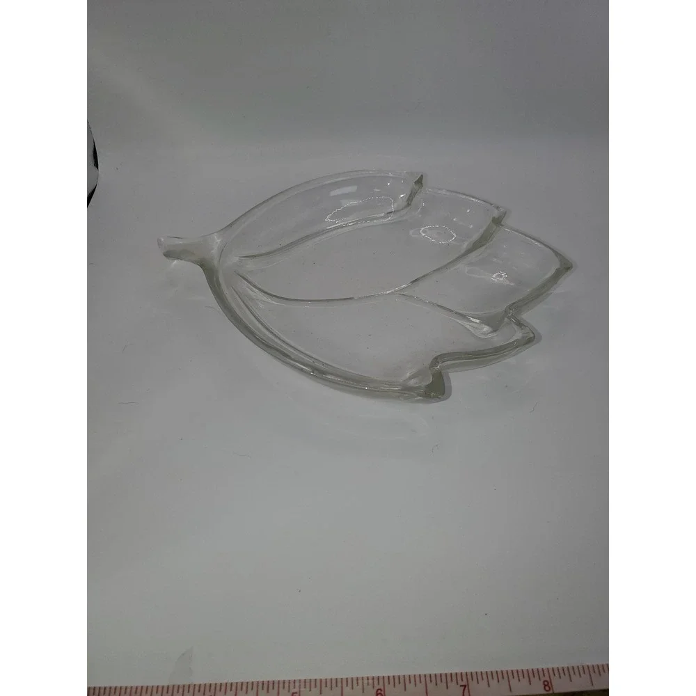 Vintage Clear Pressed Glass Leaf Divided Trinket Dish 3 Section Serving Tray 8in